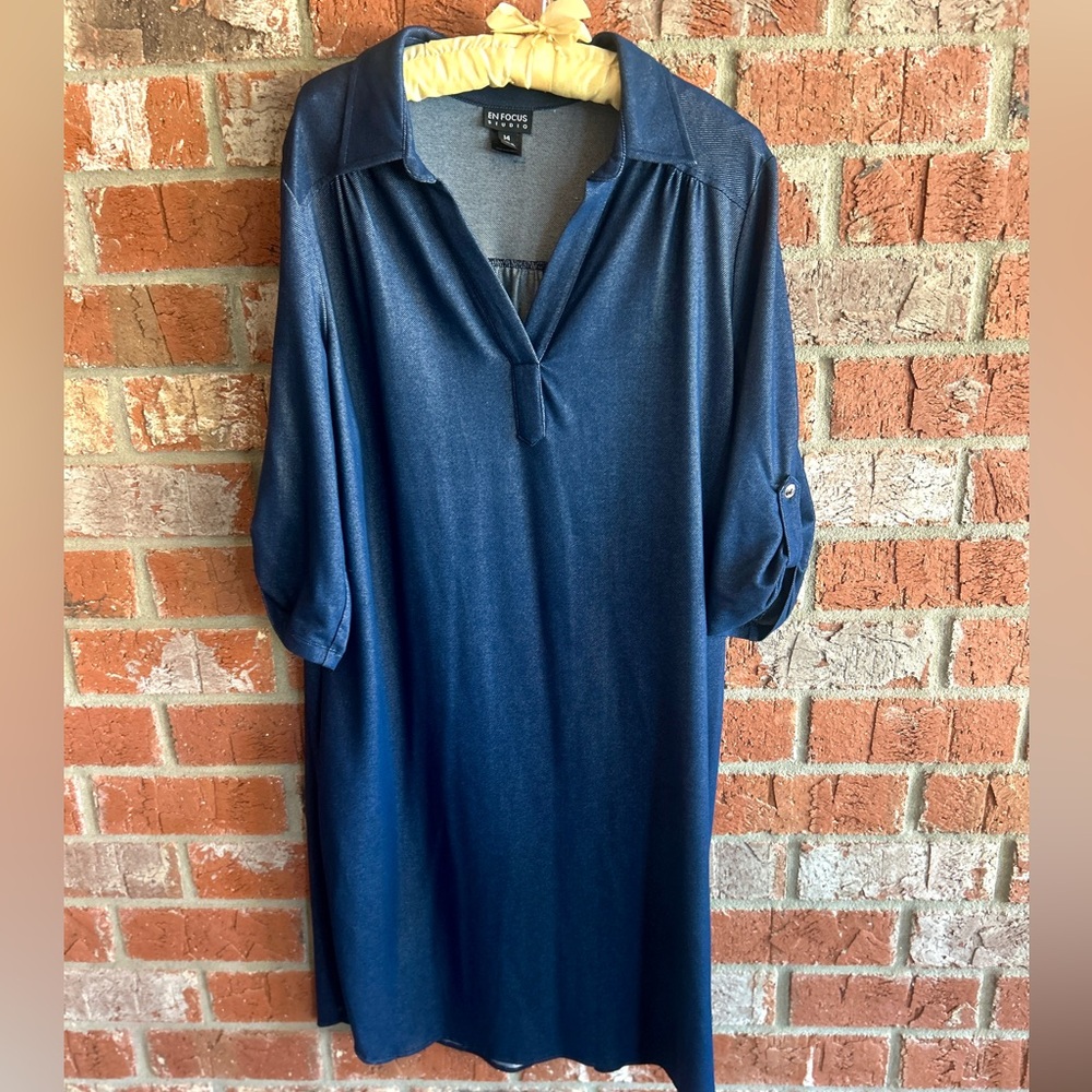 Enfocus Strtch Knit Denim Pullover Shift Shirt Dress Size 14 Large Travel Comfy